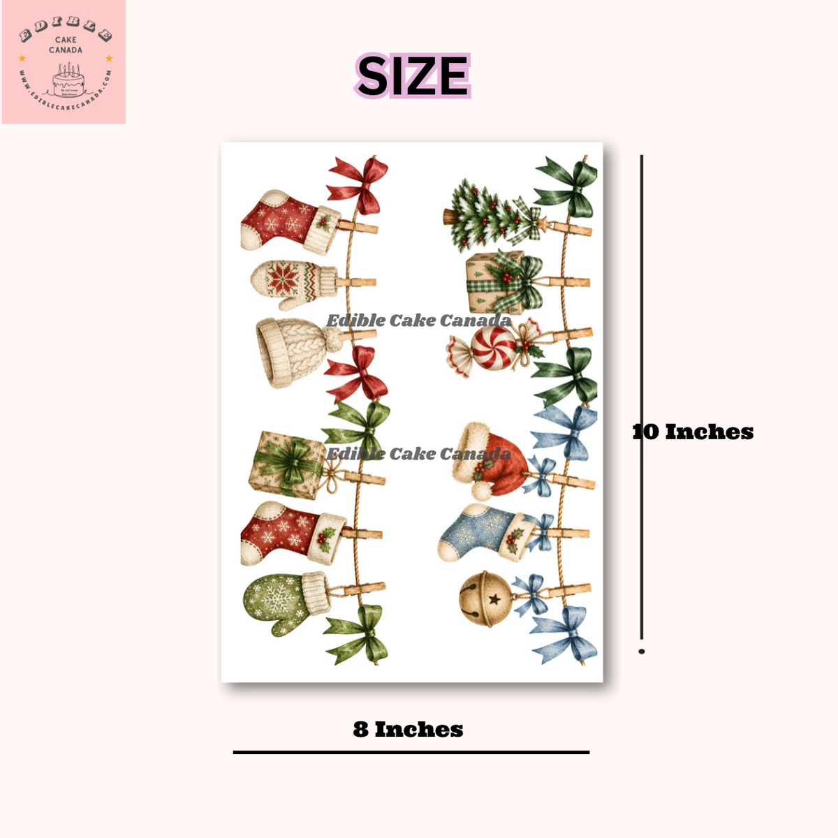 Vintage Christmas Garland Edible Cake Wrap – 8" x 10" Stockings, Mittens & Knitted Cap Holiday Icing Sheet for Cakes