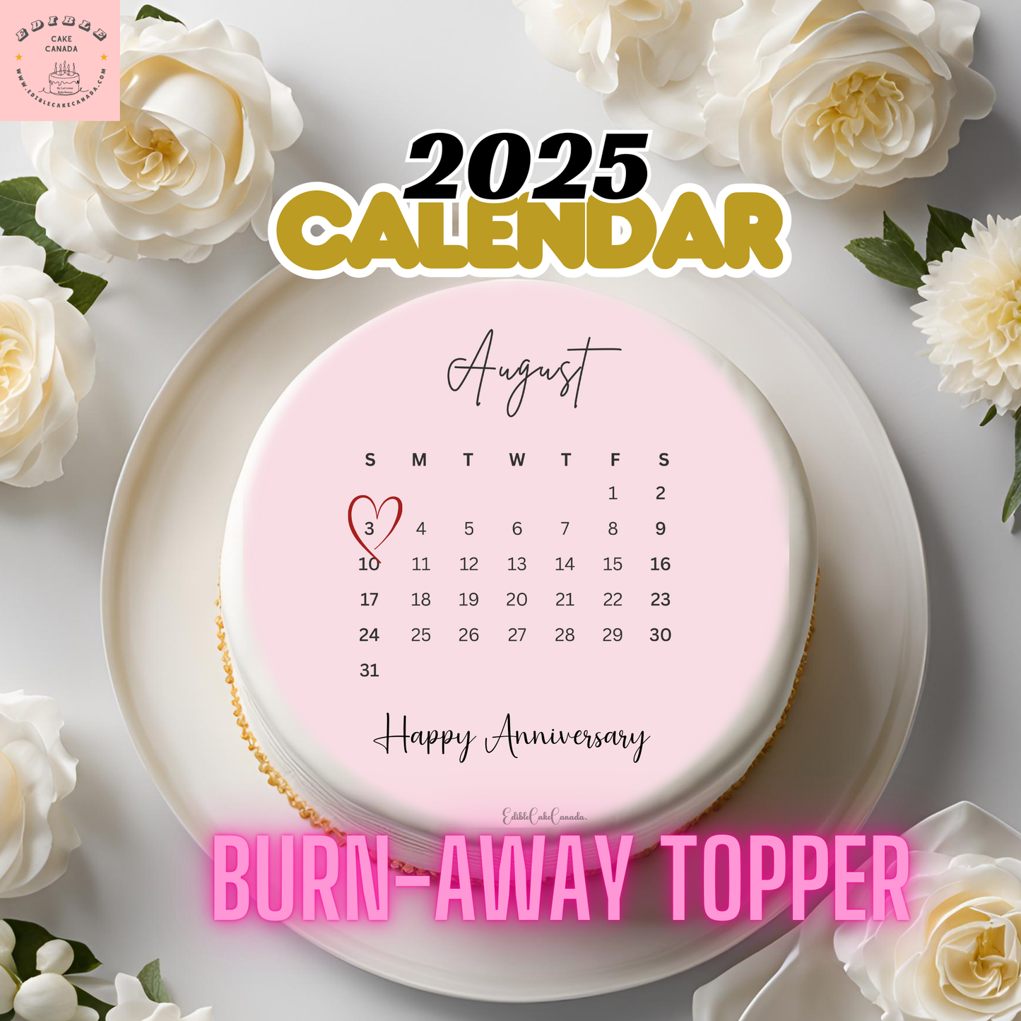 Custom 2025 Calendar  Edible Image Wafer & Frosting Set | Personalized Circle Heart shape Topper | Birthday Burn-away bundle