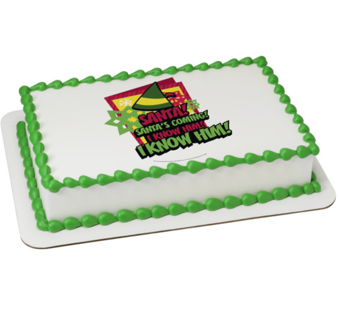 Elf Santa’s Coming PhotoCake edible image cake topper on icing sheet  

Licensed Elf Santa’s Coming edible icing cake topper for Christmas cake  

PhotoCake Edible Image Elf Santa’s Coming cake decoration processed in Canada  

Christmas edible image cake topper featuring Elf Santa’s Coming design  

Edible icing sheet cake topper for holiday cakes and Christmas parties
