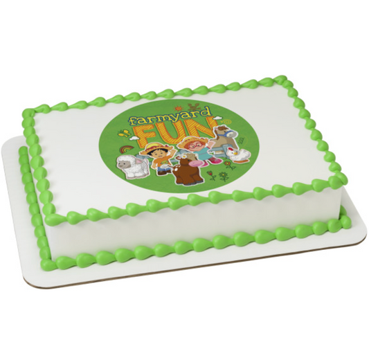 Fisher-Price™ Little People™ Farmyard Fun PhotoCake® edible image cake topper  

Licensed Little People™ Farmyard Fun edible icing sheet cake decoration  

Farmyard Fun Fisher-Price™ edible cake topper processed in Canada  

PhotoCake® Edible Image® cake topper with Fisher-Price™ Little People™ farm theme  

Edible icing cake topper for Fisher-Price™ Little People™ Farmyard Fun birthday cake