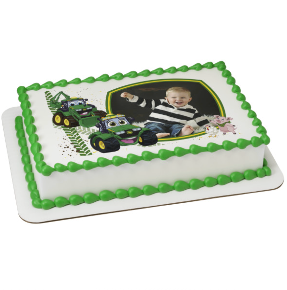 john Deere and Friends PhotoCake edible icing cake topper

Licensed John Deere edible image frame for birthday cake

John Deere tractor themed edible cake topper printed in Canada

PhotoCake edible image frame for farm themed cake

John Deere and Friends edible icing sheet cake decoration

Licensed tractor birthday cake topper edible image