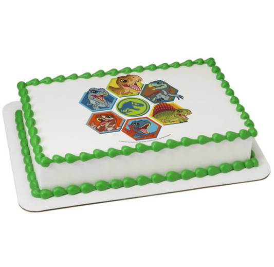 Licensed Jurassic World Explorers PhotoCake edible image cake topper  

Jurassic World Explorers edible icing cake decoration for birthday cakes  

Dinosaur themed PhotoCake edible image cake topper processed in Canada  

Official licensed Jurassic World edible cake topper for kids birthday party  

Edible icing sheet cake topper featuring Jurassic World Explorers design