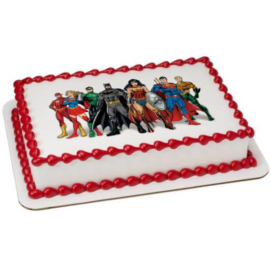 Justice League™ PhotoCake® Edible Image® icing cake topper printed in Canada