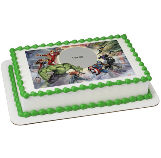 MARVEL Avengers Assemble PhotoCake edible image frame cake topper

Licensed Avengers Assemble edible icing cake topper processed in Canada

MARVEL superhero edible cake image for birthday cake

PhotoCake Edible Image Frame with Avengers Assemble design

Edible icing sheet cake topper featuring MARVEL Avengers Assemble