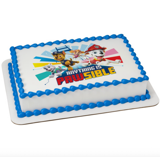 PAW Patrol Anything Is Pawsible PhotoCake Edible Image cake topper  

Licensed PAW Patrol edible icing cake topper for birthday cake  

PAW Patrol Anything Is Pawsible edible cake decoration processed in Canada  

PhotoCake Edible Image icing sheet for PAW Patrol birthday cake  

Kids PAW Patrol birthday cake topper edible icing image