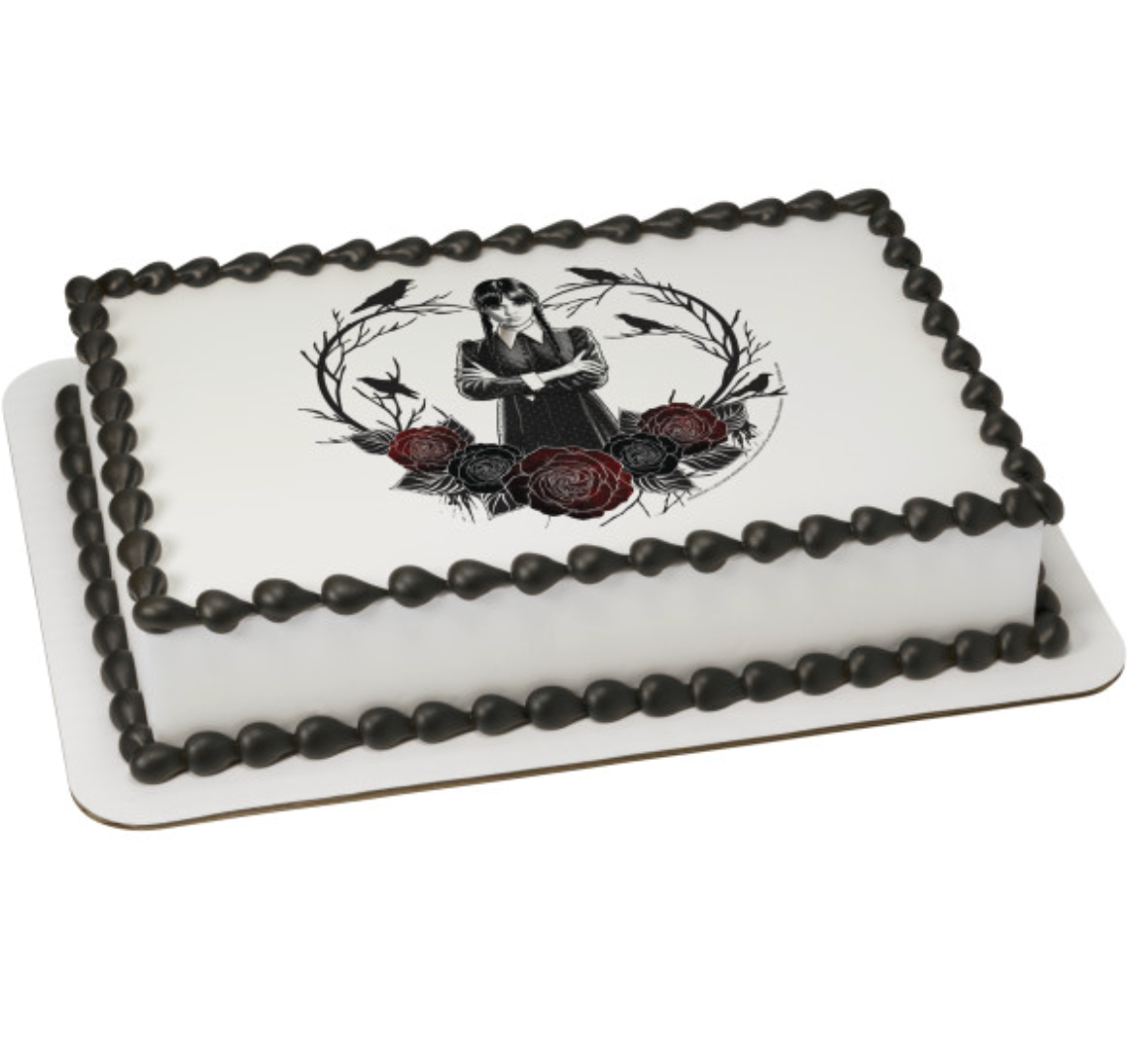 Licensed Wednesday Heart and Roses edible cake topper for birthday cakes  

PhotoCake® Edible Image® Wednesday icing sheet cake decoration  

Gothic Wednesday heart roses edible image cake topper Canada  

Wednesday themed edible icing cake topper for parties and celebrations  

Printed in Canada Wednesday Heart & Roses edible cake decoration
