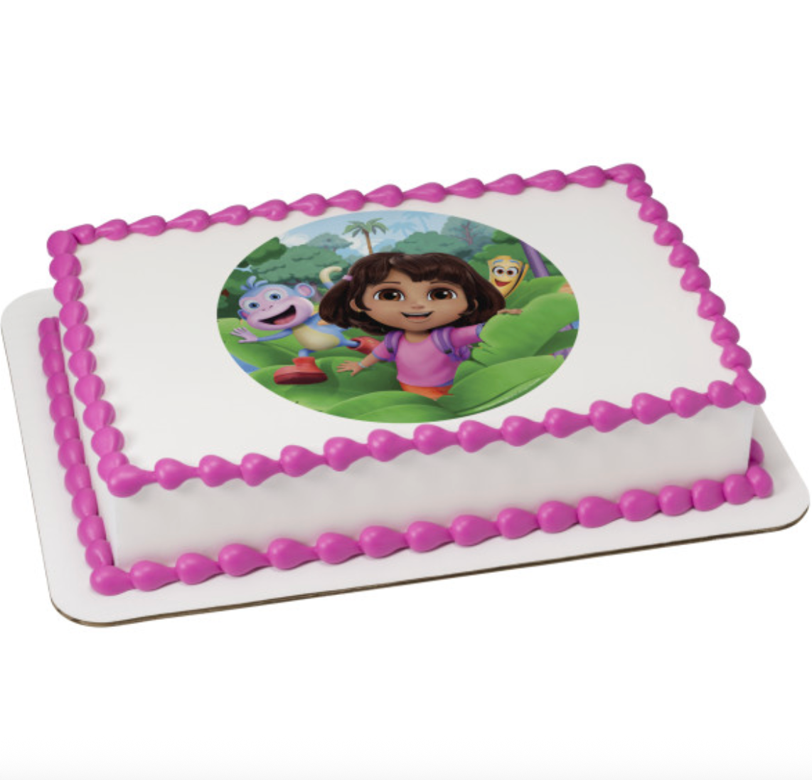 Dora the Explorer™ Ready to Explore PhotoCake® Edible Image® icing cake topper  

Licensed Dora the Explorer edible cake topper printed on icing sheet  

Dora the Explorer birthday cake edible image topper processed in Canada  

PhotoCake® Dora the Explorer™ edible icing cake decoration  

Dora Ready to Explore edible image for kids birthday cake