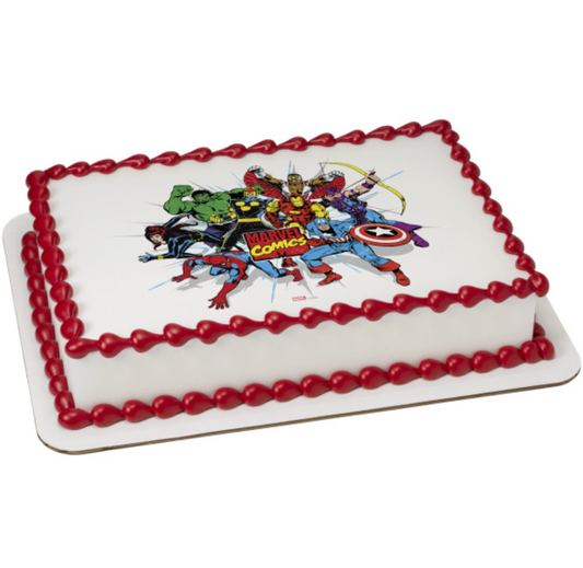 Marvel Comics Originals Unite officially licensed PhotoCake edible image cake topper printed on edible icing sheet made in Canada
