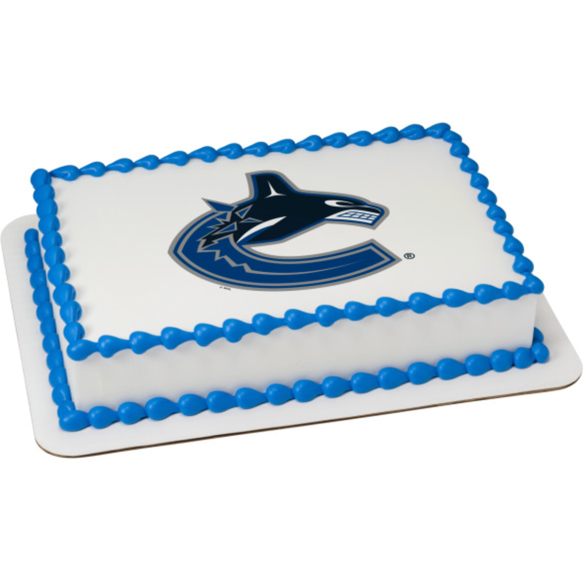 NHL® Licensed Vancouver Canucks PhotoCake® Edible Image® cake topper on white frosted cake, official team colors and logo
