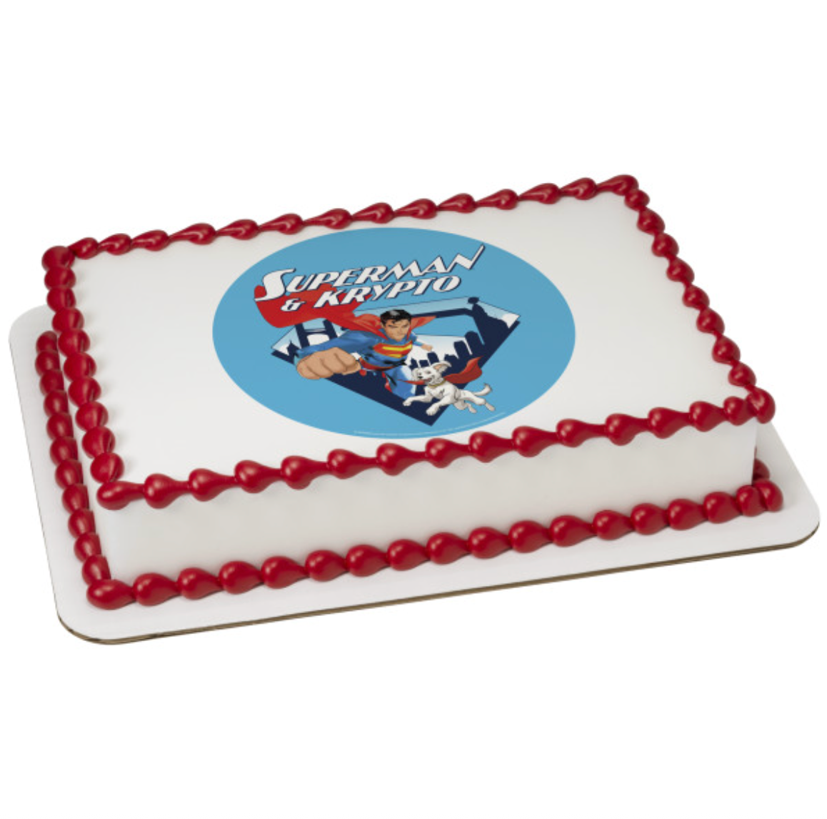 Superman and Krypto licensed PhotoCake Edible Image cake topper printed in Canada on icing sheet
