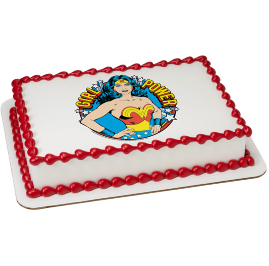 Licensed Wonder Woman™ Girl Power PhotoCake® Edible Image® cake topper for birthday cakes, available in Canada
