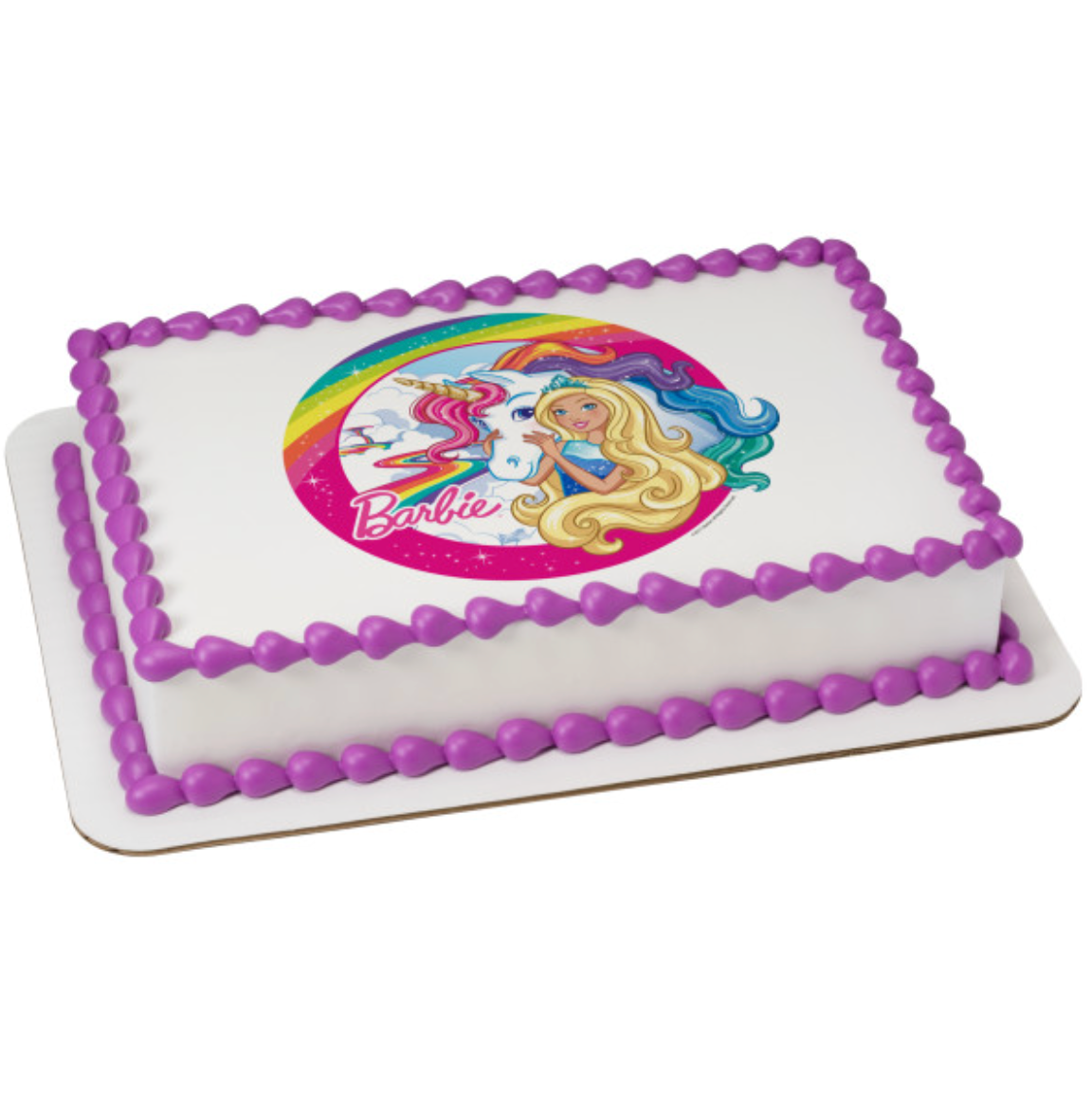 Licensed Barbie™ Dreamtopia Imagine design  

Authentic PhotoCake® Edible Image® cake topper  

Printed on edible icing sheet  

Great for birthday cakes and Barbie-themed parties  

Easy to apply to cakes and desserts  

Processed in Canada
