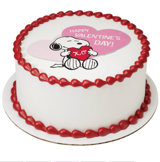 Peanuts® Snoopy® Happy Valentine’s Day PhotoCake® edible icing cake topper  

Snoopy® Valentine’s Day edible cake image for cakes  

Licensed Peanuts® Snoopy® edible icing sheet cake decoration  

Happy Valentine’s Day Snoopy® cake topper processed in Canada  

PhotoCake® Edible Image® Snoopy® Valentine cake decoration