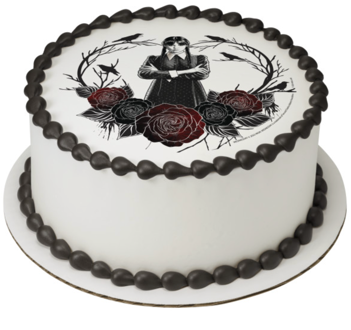 Licensed Wednesday Heart and Roses edible cake topper for birthday cakes  

PhotoCake® Edible Image® Wednesday icing sheet cake decoration  

Gothic Wednesday heart roses edible image cake topper Canada  

Wednesday themed edible icing cake topper for parties and celebrations  

Printed in Canada Wednesday Heart & Roses edible cake decoration
