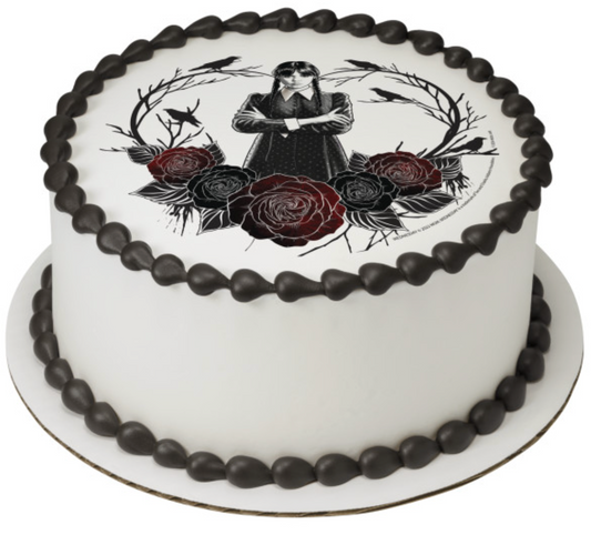 Licensed Wednesday Heart and Roses edible cake topper for birthday cakes  

PhotoCake® Edible Image® Wednesday icing sheet cake decoration  

Gothic Wednesday heart roses edible image cake topper Canada  

Wednesday themed edible icing cake topper for parties and celebrations  

Printed in Canada Wednesday Heart & Roses edible cake decoration
