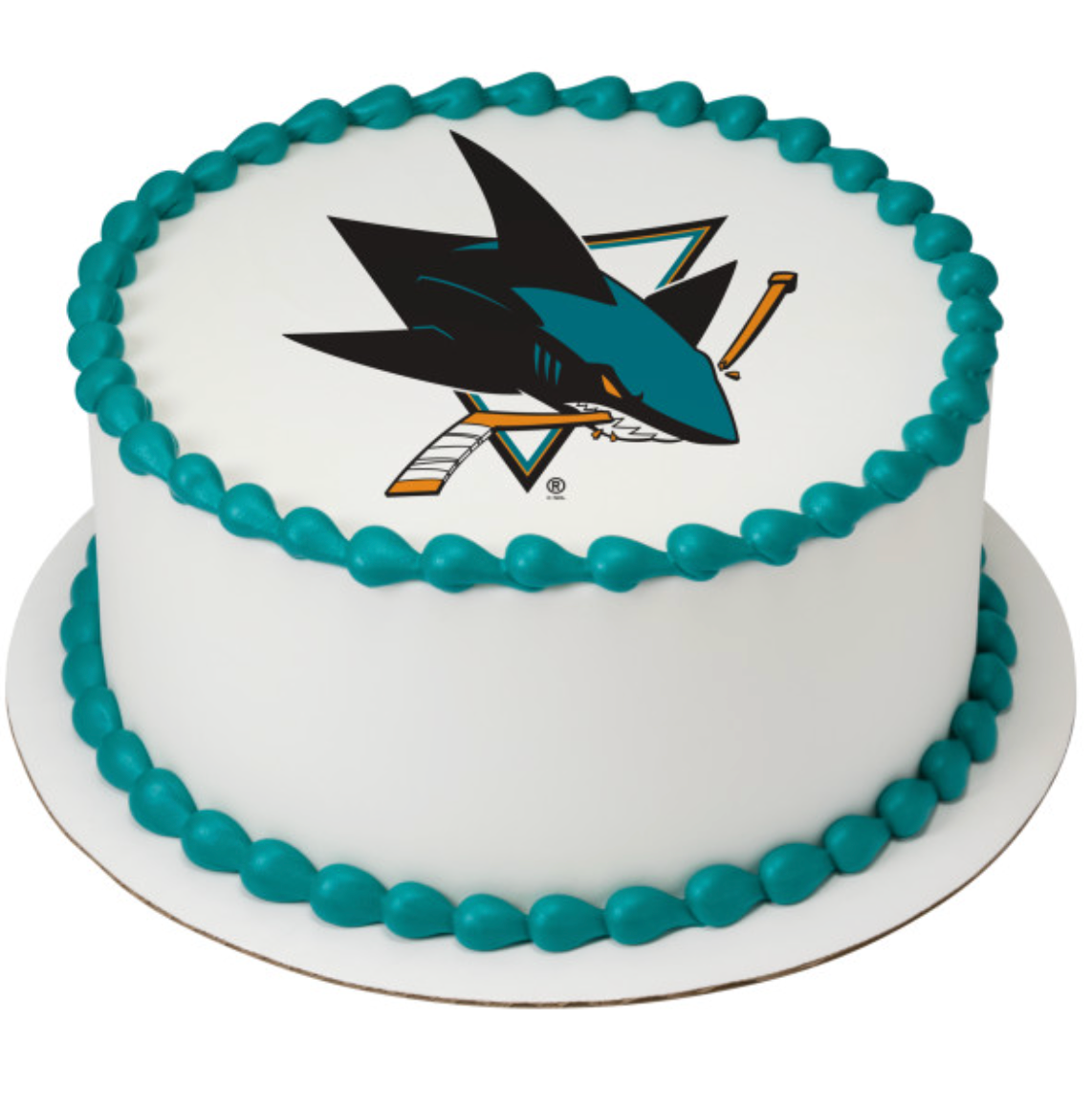Officially licensed NHL San Jose Sharks PhotoCake edible image cake topper printed in Canada for hockey birthday and fan celebration cakes
