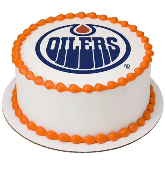 NHL® Licensed Edmonton Oilers PhotoCake® Edible Image® cake topper printed on icing sheet in Canada
