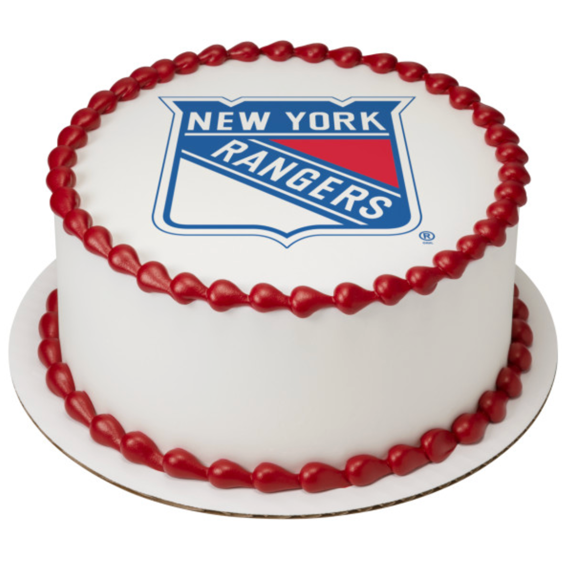 Officially licensed NHL New York Rangers PhotoCake edible image cake topper with vibrant team logo, made in Canada
