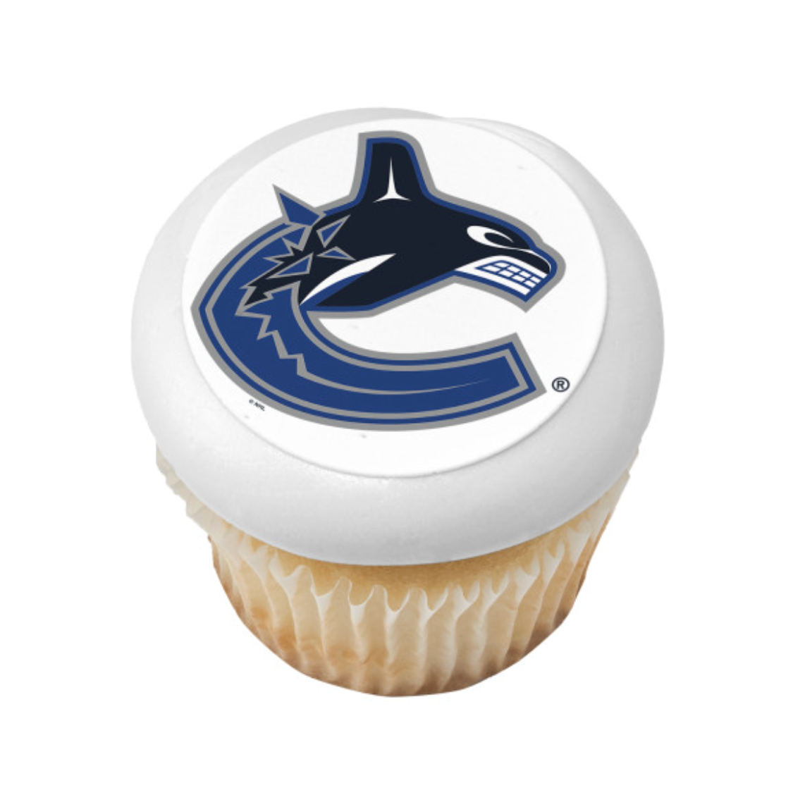 NHL® Licensed Vancouver Canucks PhotoCake® Edible Image® cake topper on white frosted cake, official team colors and logo
