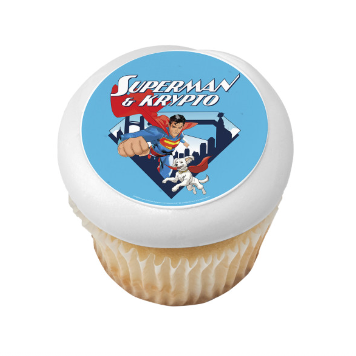 Superman and Krypto licensed PhotoCake Edible Image cake topper printed in Canada on icing sheet
