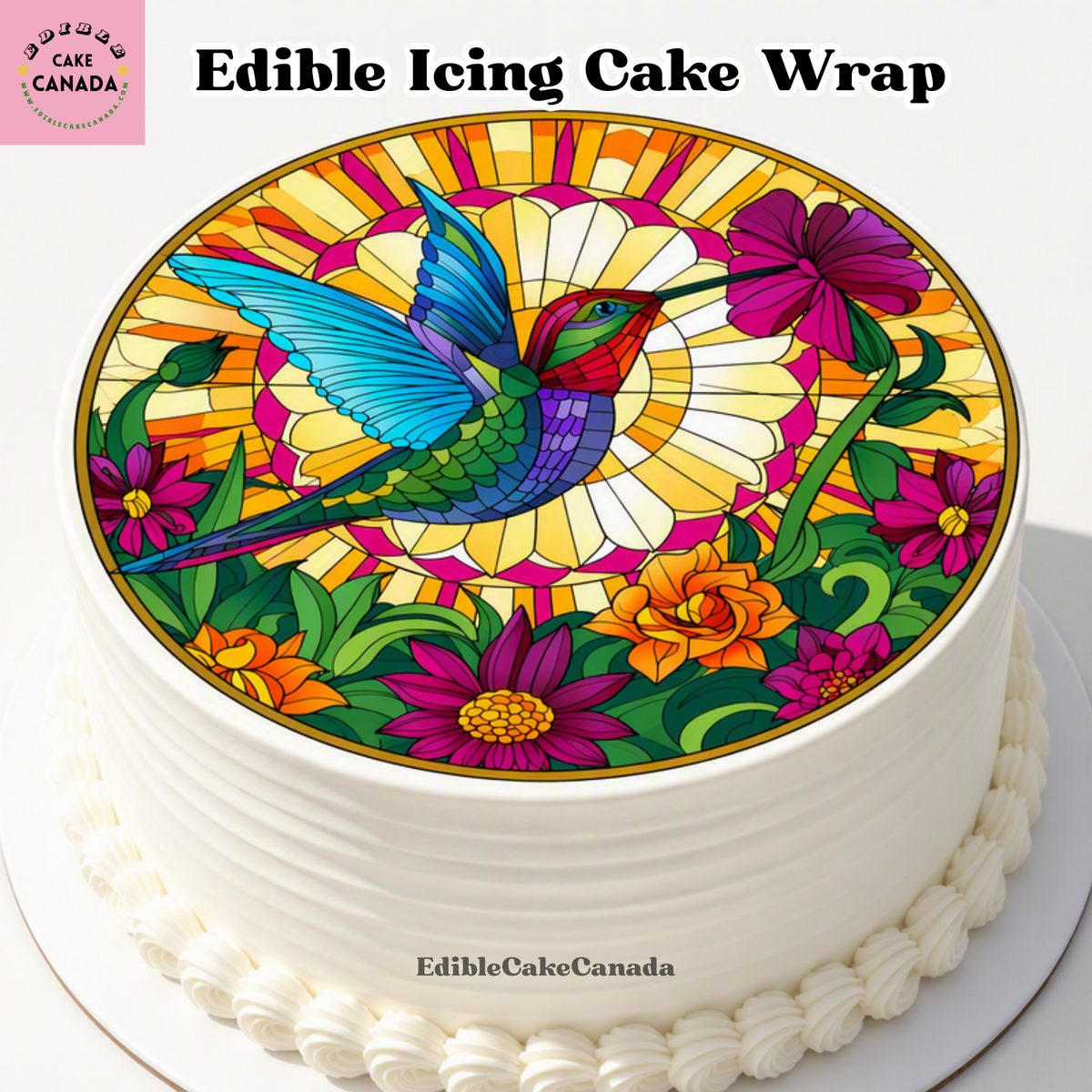 Stained glass hummingbird edible cupcake topper icing sheet on a frosted cupcake