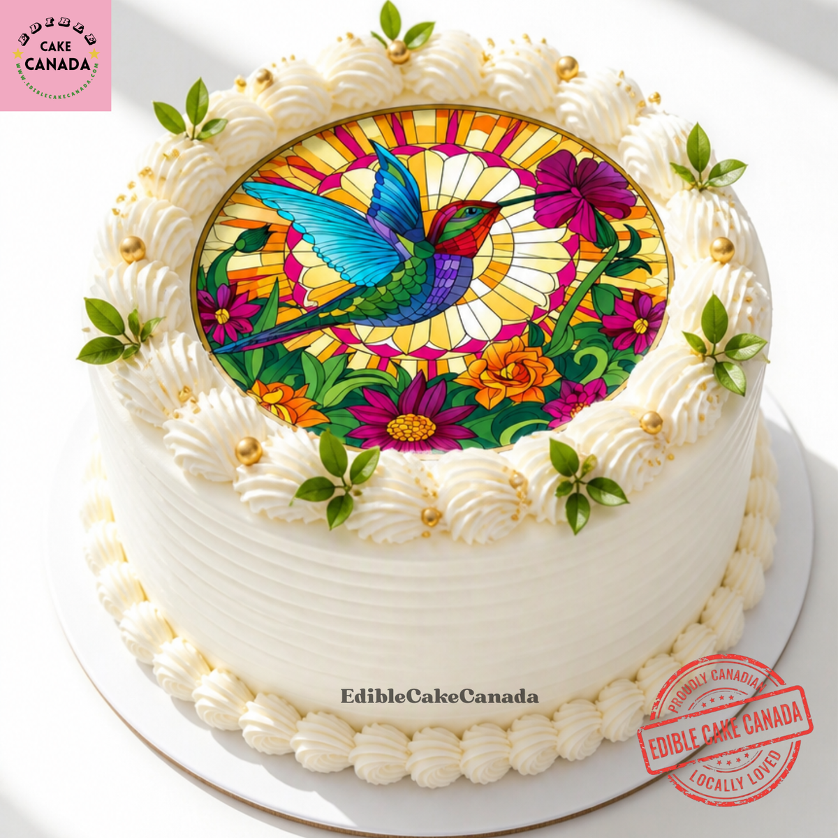 Stained glass hummingbird edible cupcake topper icing sheet on a frosted cupcake