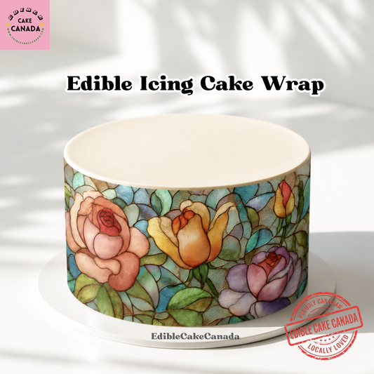 Stained glass rose garden edible cake wrap applied to a smooth white tier cake.

