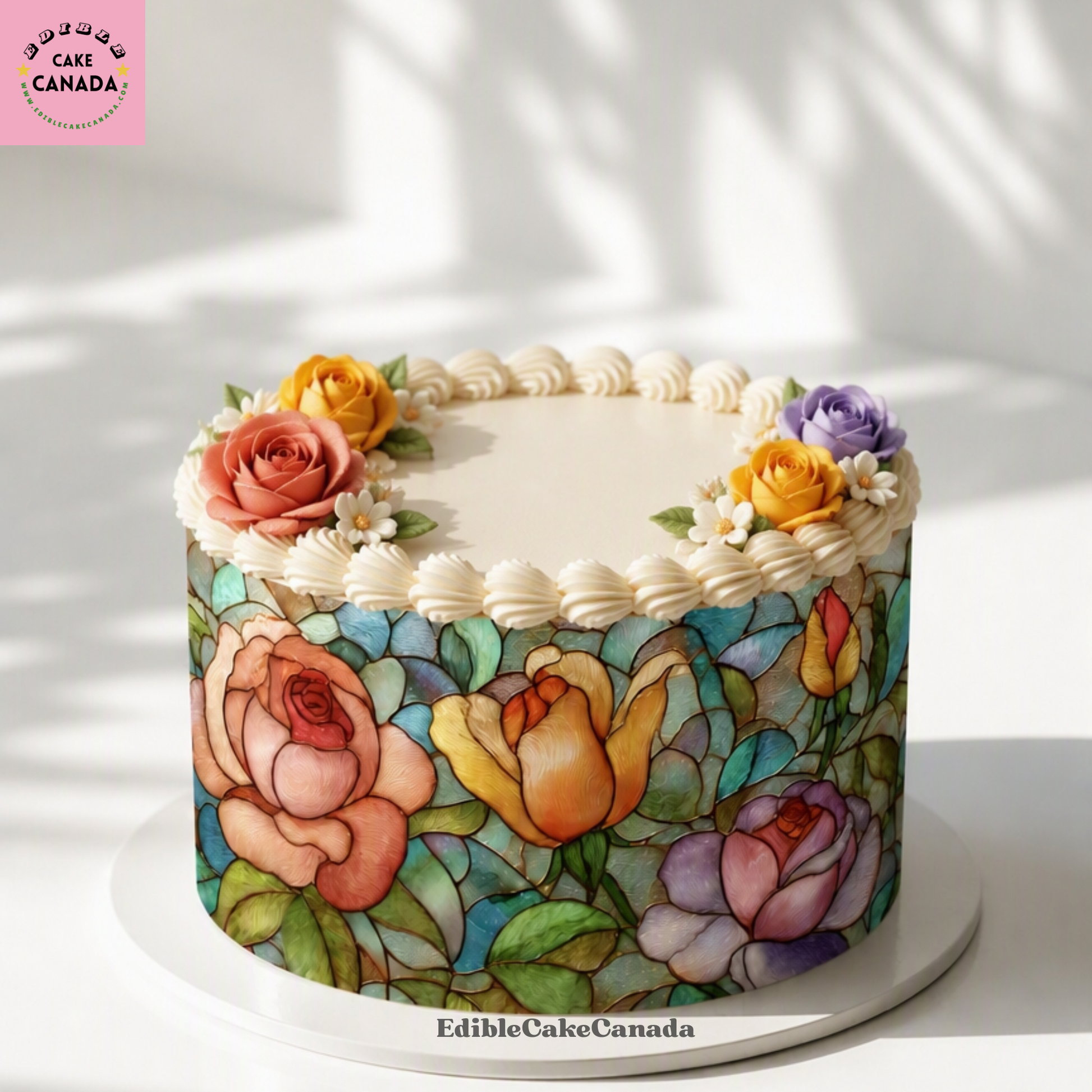 Stained glass rose garden edible cake wrap applied to a smooth white tier cake.
