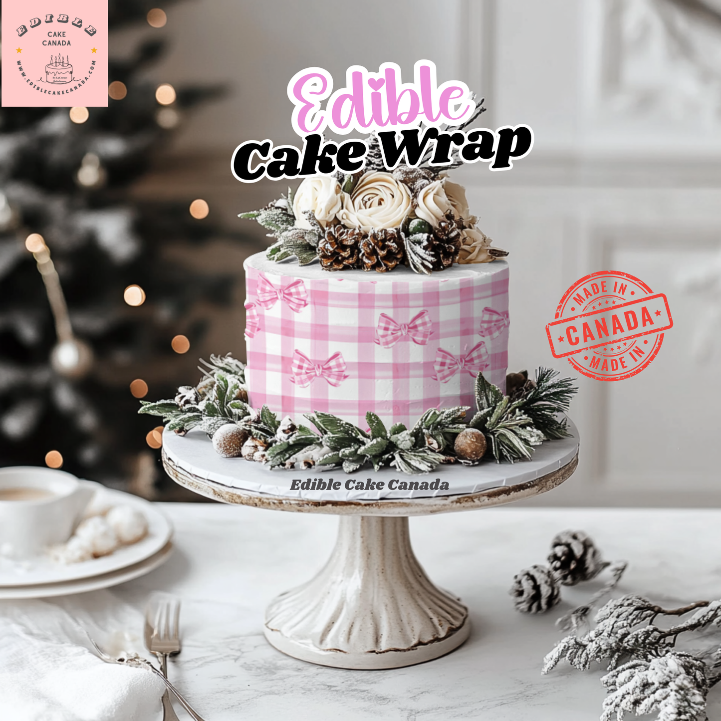 EDIBLE Pink Coquette Cake Wrap | Pink Bows & Gingham Icing Sheet  | Cute  Trendy Cake Strip Topper for Birthdays, Showers Party Cake