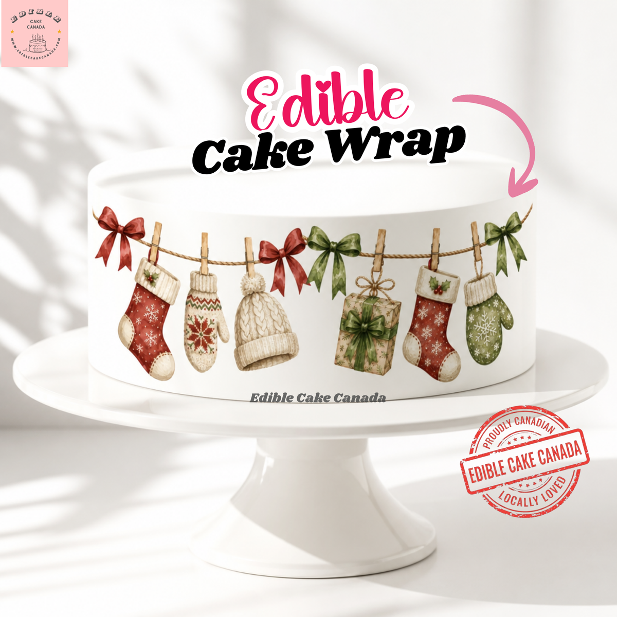Vintage Christmas garland edible cake wrap 8x10 with stockings, mittens, knitted cap and gifts