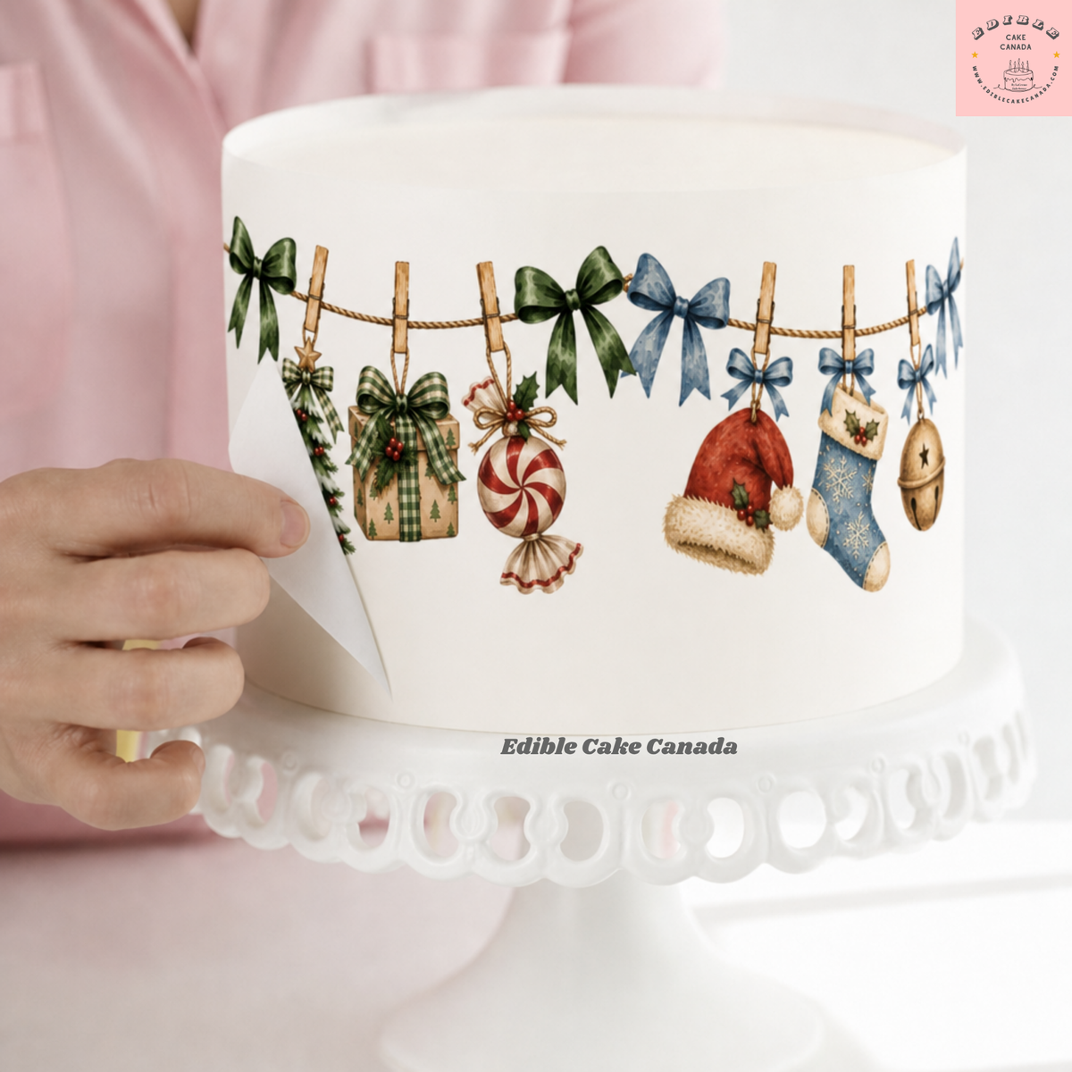 Vintage Christmas garland edible cake wrap 8x10 with stockings, mittens, knitted cap and gifts