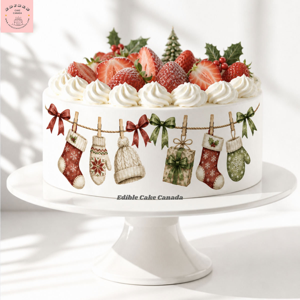 Vintage Christmas garland edible cake wrap 8x10 with stockings, mittens, knitted cap and gifts