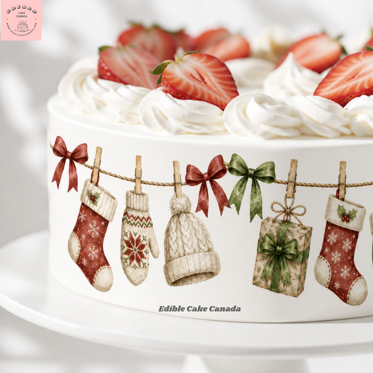 Vintage Christmas garland edible cake wrap 8x10 with stockings, mittens, knitted cap and gifts