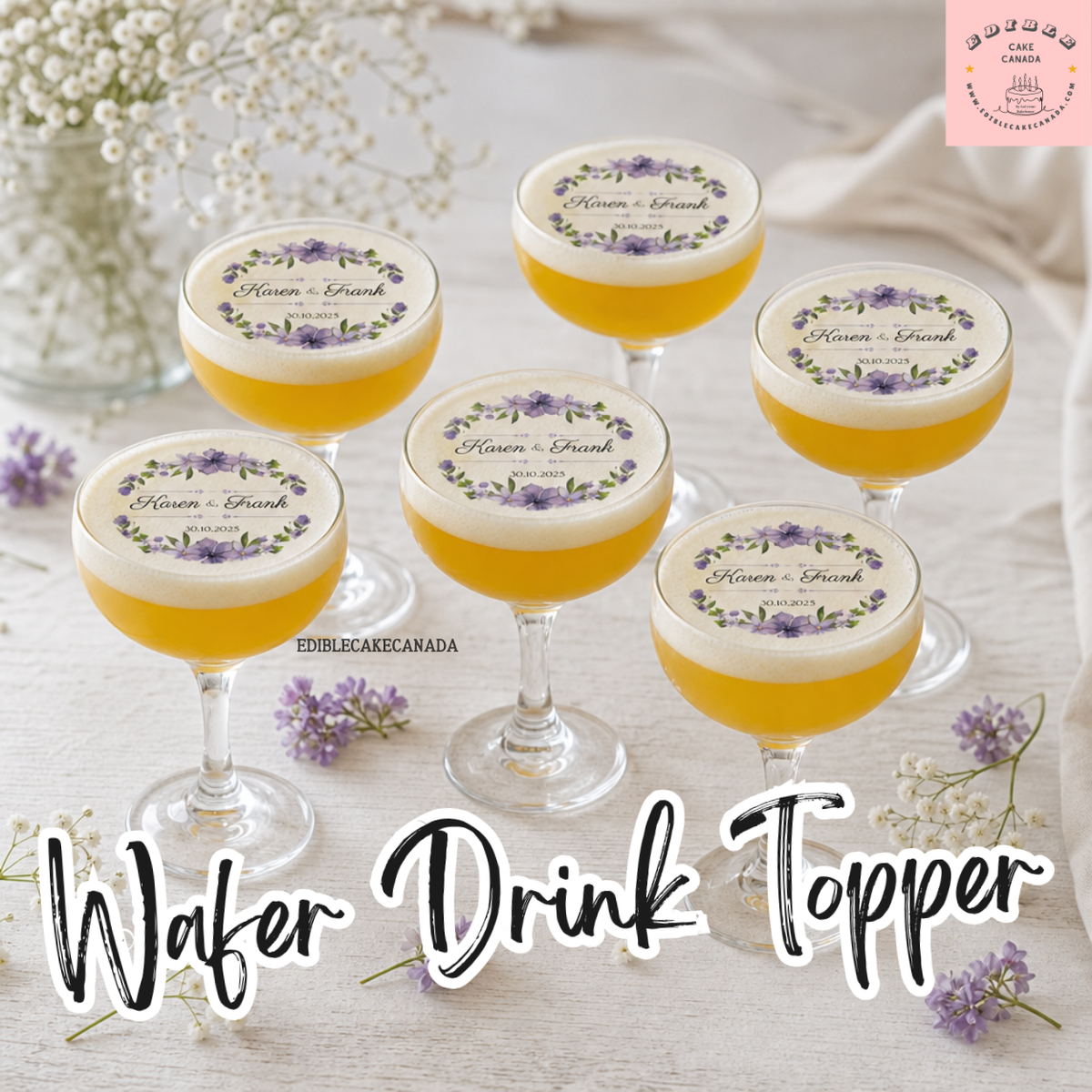 Custom edible wafer drink topper with floral wreath, monogram name and date — perfect for weddings and parties in Canada.