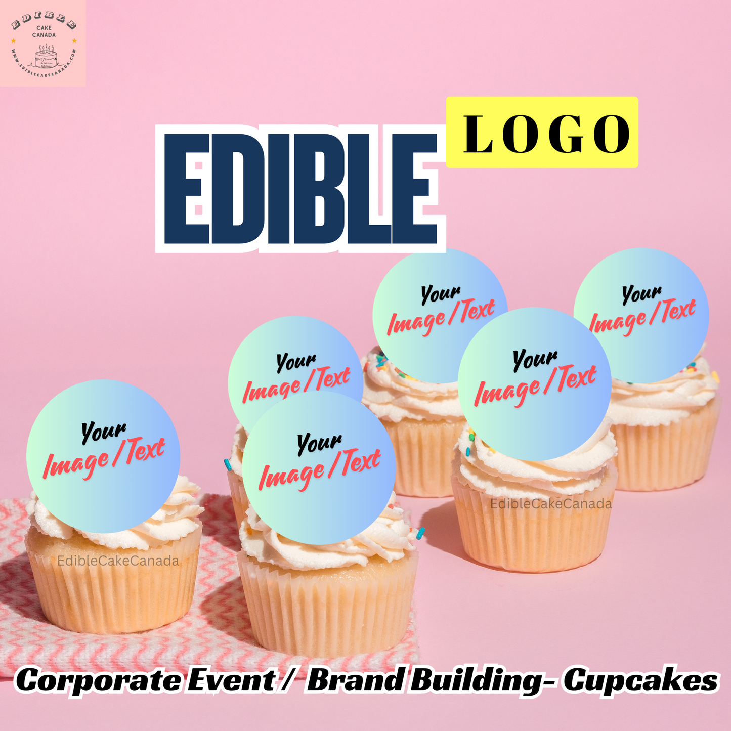 Edible Logo Cupcake Toppers: Custom Corporate Event Treats | Company Brand Building Image Icing Sheet