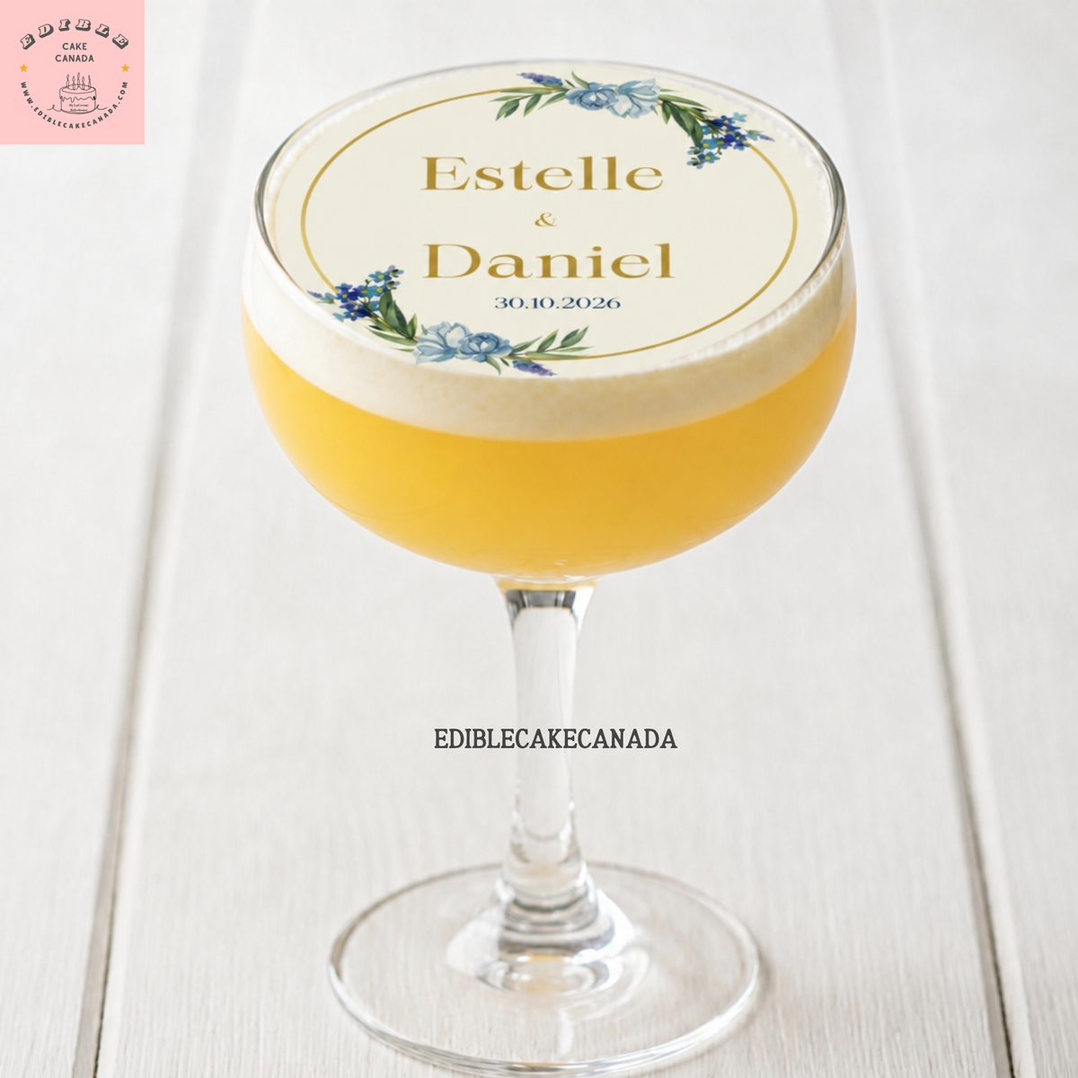 Custom edible wafer drink topper with floral wreath, monogram name and date — perfect for weddings and parties in Canada. christmas party drink topper