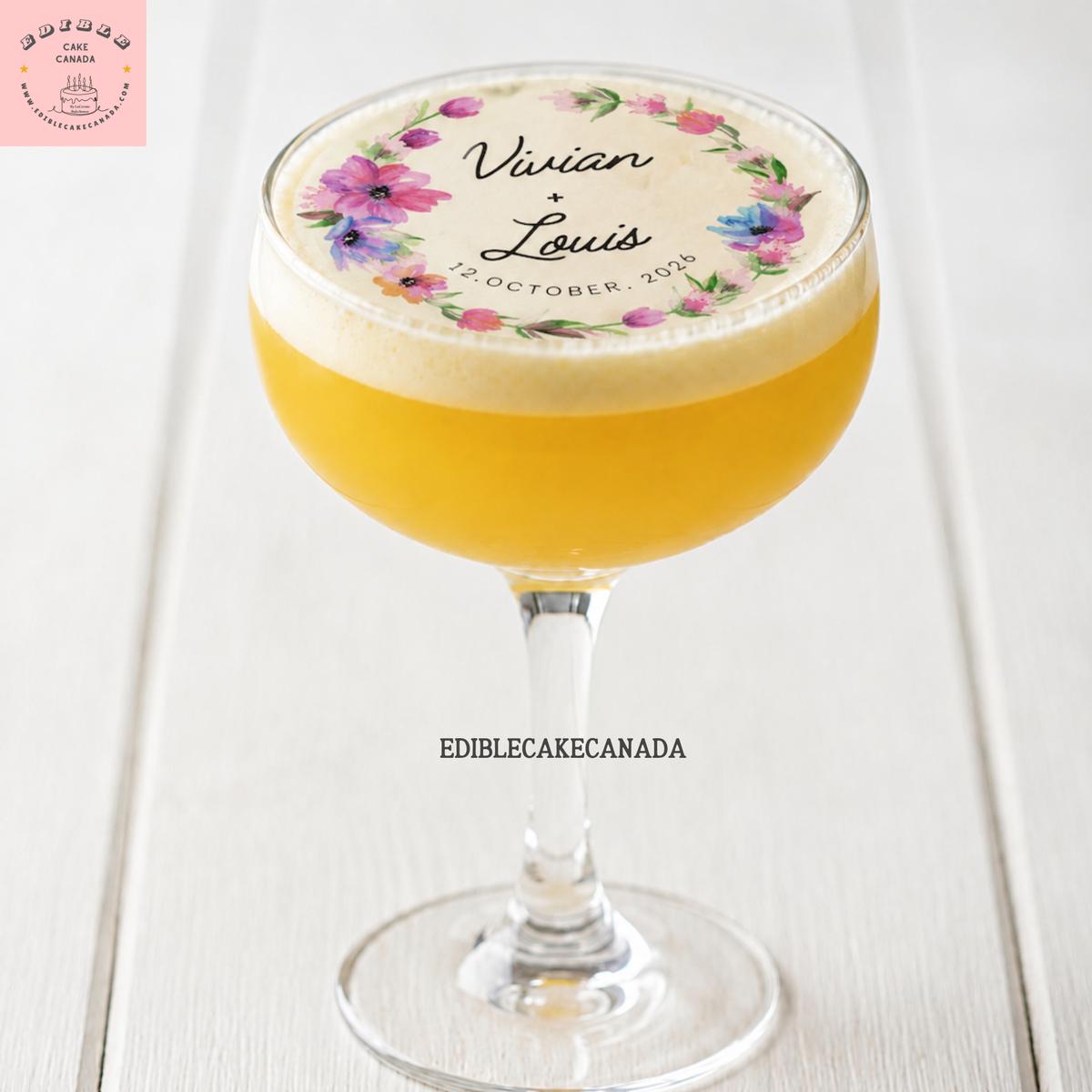 Custom edible wafer drink topper with floral wreath, monogram name and date — perfect for weddings and parties in Canada.