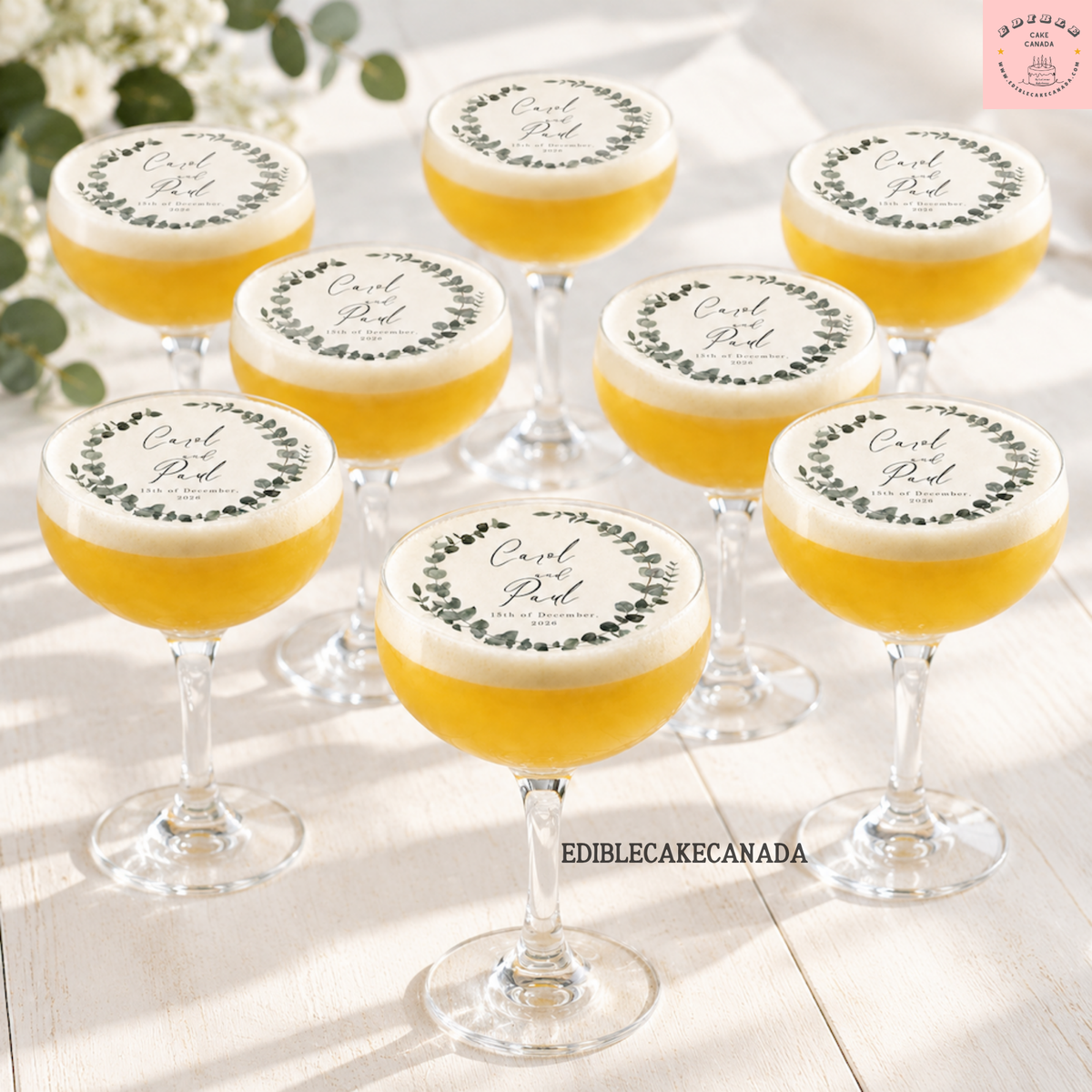 Custom edible wafer drink topper with floral wreath, monogram name and date — perfect for weddings and parties in Canada.