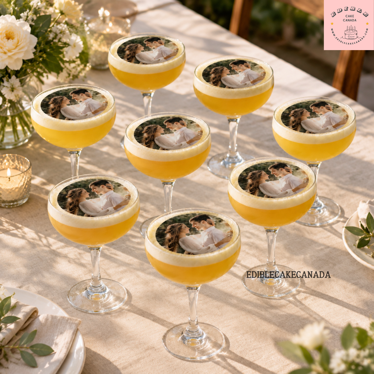 Custom edible wafer drink topper with personalized photo on a champagne glass