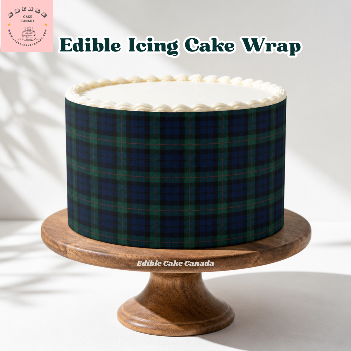 Edible tartan icing cake wrap applied to a round cake, green blue plaid stripe winter lodge design
