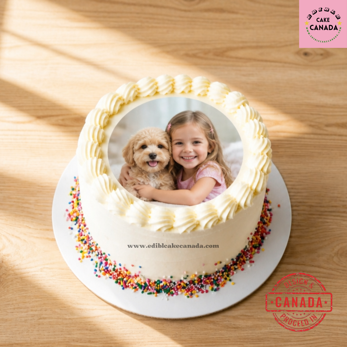 Custom edible photo cake topper on premium icing sheet featuring a personalized birthday photo design, printed with food-grade edible ink for vibrant color and sharp detail.