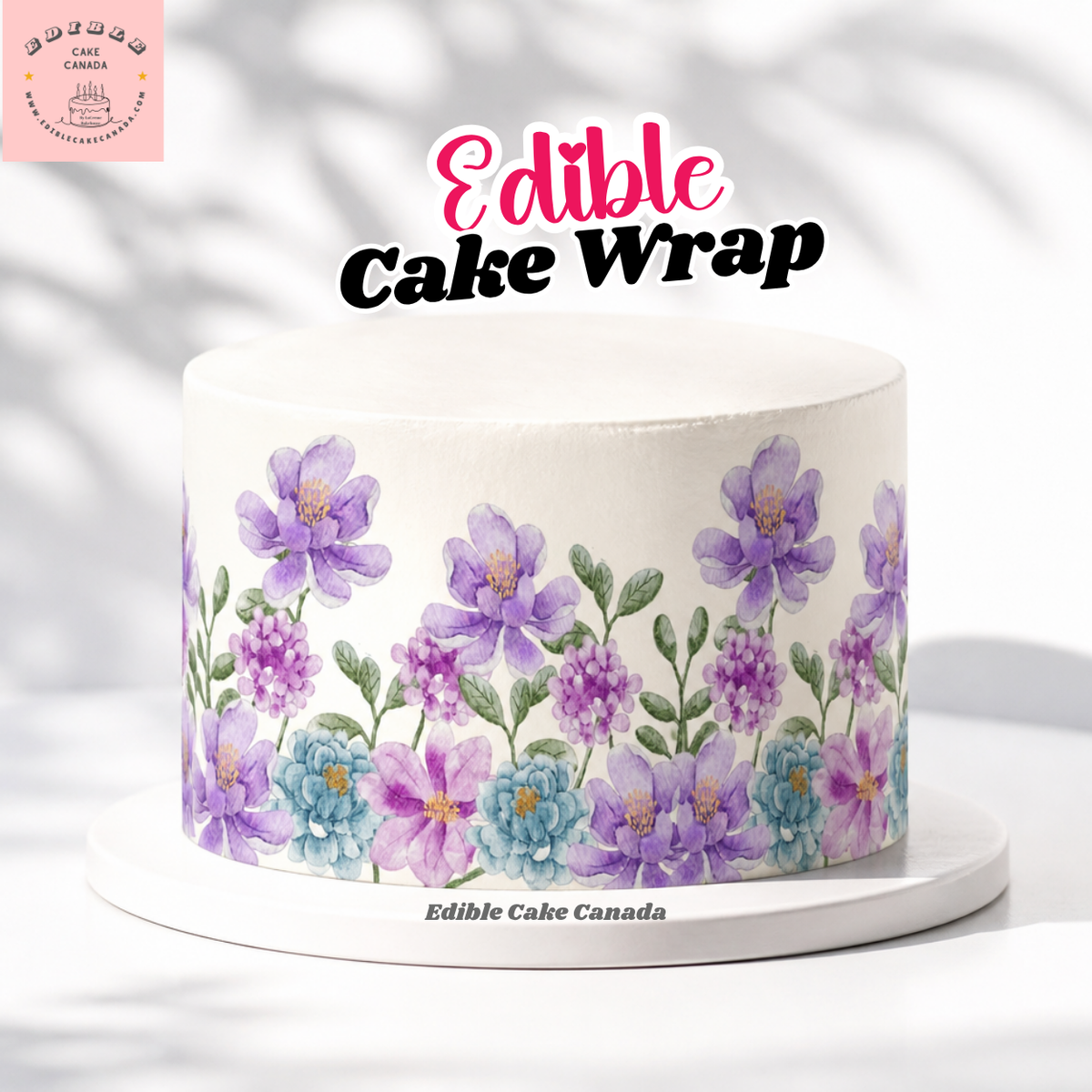 Purple and blue watercolor botanical flower meadow edible icing cake wrap 8x10 with lavender violet lilac and teal accents
