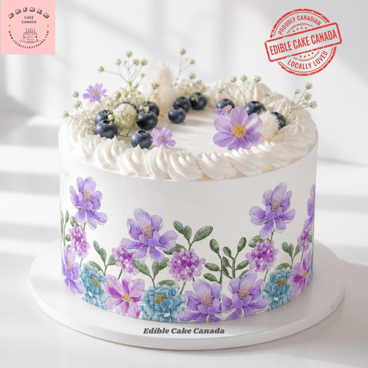 Purple and blue watercolor botanical flower meadow edible icing cake wrap 8x10 with lavender violet lilac and teal accents