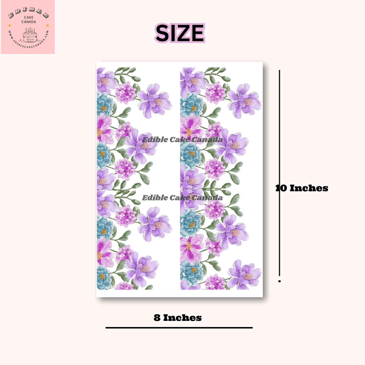 Purple and blue watercolor botanical flower meadow edible icing cake wrap 8x10 with lavender violet lilac and teal accents