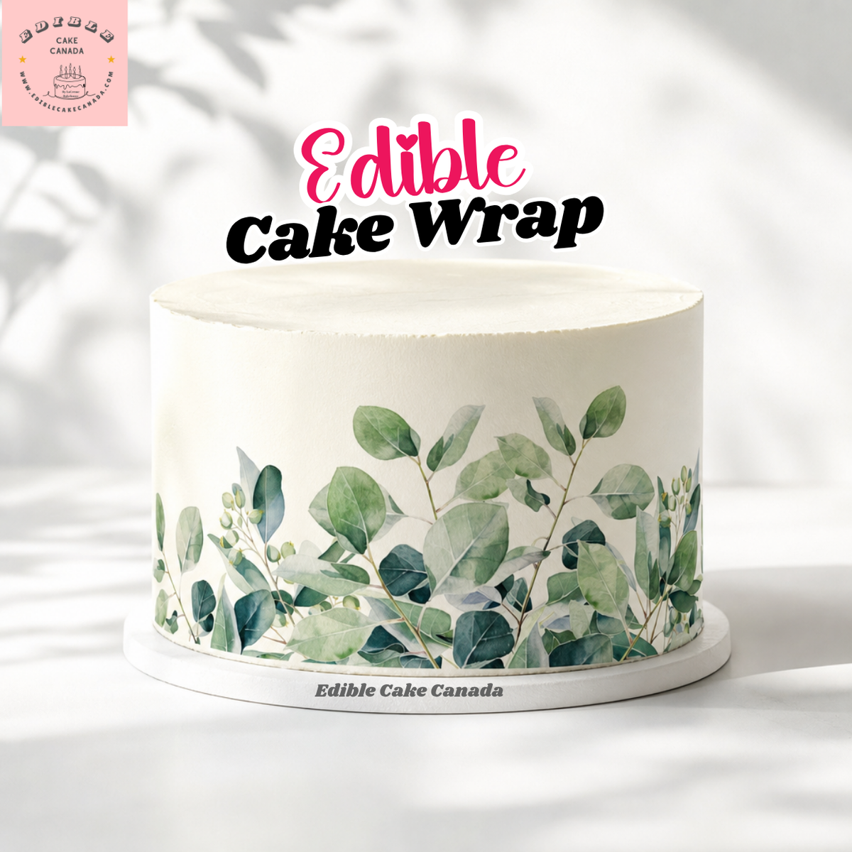 Sage-green watercolor eucalyptus cake wrap for wedding cakes