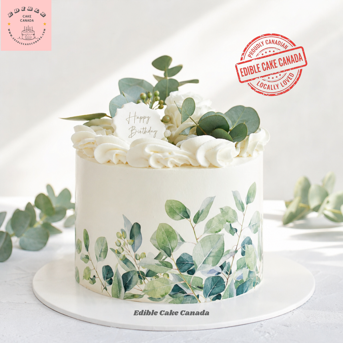 Sage-green watercolor eucalyptus cake wrap for wedding cakes