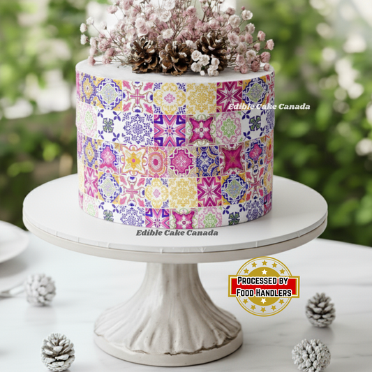 EDIBLE Pink Italian Tile Icing  Cake Wrap | Mediterranean Frosting Sheet for Wedding, Birthday & Baby Shower Cakes | 8"x10" Icing Sheet