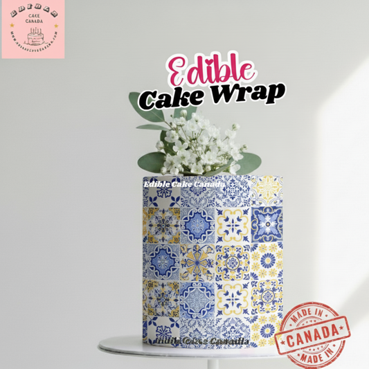 Edible Italian Tile Cake Wrap | Blue & Yellow Mediterranean Cake Decoration | Icing Sheet for Elegant Wedding Birthday Baby Shower Cakes